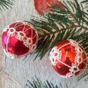 Vintage Hand Tatted Fuchsia Pink Red Glass Christmas Ornaments Set of 2 1950s